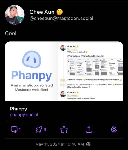 Chee Aun’s post above appears on Ivory with the word Cool and the preview card to Phanpy Social