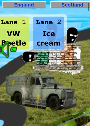 Screenshot of a portion of the Ling’s Cars website. It shows a closeup of the background of the Scalectric parody when the country is set to ‘Ireland’. In the background are a British Army armoured car and several people in balaclavas leaning out from behind a Republican mural. It’s absolutely wild.