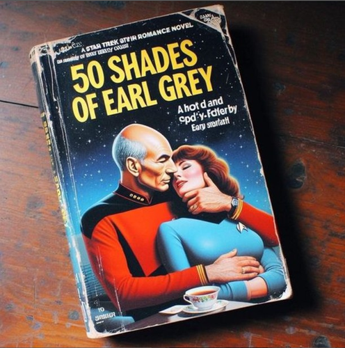 Picture of a worn paperback.
Captain Picard and Beverly Crusher are in a passionate embrace.
The title of the book is
"50 Shades Of Earl Grey"