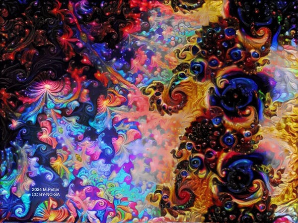 On the right hand side some golden fractal dragonoids sprout multicoloured fractal inflorescences reaching to the left hand side that are exuding a bit starry space time in the top left corner.
