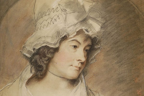 Portrait of Charlotte Smith by George Romney.

Portrait of Charlotte Smith wearing a large, frilly bonnet, depicted with soft facial features and looking slightly to her right. The artwork uses a mix of fine detail in the face and looser strokes in the hat and background, with predominantly neutral and earthy tones.