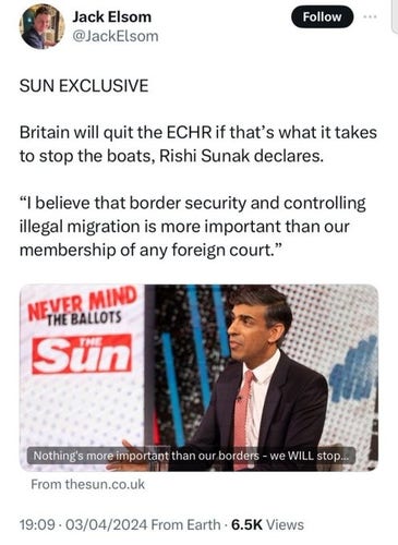 Jack Elsom of The Scum
EXCLUSIVE
Britain will quit the ECHR if that's what it takes to stop the boats, Rishi Sunak declares.
"I believe that border security and controlling illegal migration is more important than our membership of any foreign court"