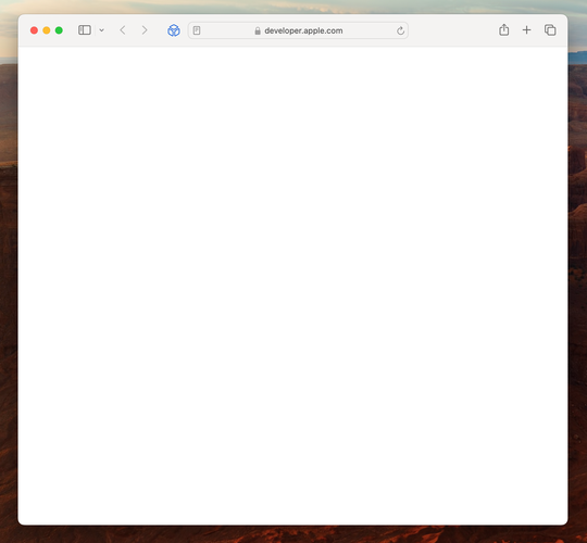 Screenshot of a blank Safari tab navigated to developer.apple.com
