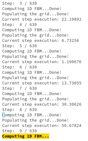 Une capture d'écran d'un calcul en cours dans la console R. Il est écrit :

Step:  3 / 630 
Computing 1D FBM...Done!
Populating the grid...Done!
Current step execution: 22.19892 
Step:  4 / 630 
Computing 1D FBM...Done!
Populating the grid...Done!
Current step execution: 6.73256 
Step:  5 / 630 
Computing 1D FBM...Done!
Populating the grid...Done!
Current step execution: 1.190676 
Step:  6 / 630 
Computing 1D FBM...Done!
Populating the grid...Done!
Current step execution: 13.73055 
Step:  7 / 630 
Computing 1D FBM...Done!
Populating the grid...Done!
Current step execution: 30.30626 
Step:  8 / 630 
Computing 1D FBM...Done!
Populating the grid...Done!
Current step execution: 50.67824 
Step:  9 / 630 
Computing 1D FBM...