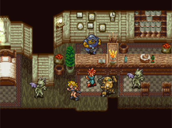 In-game screenshot showing Chrono, Ayle and Robo fighting monsters inside an inn.