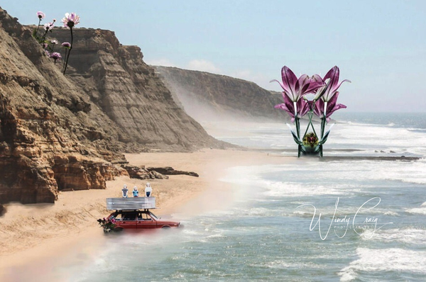 A whimsical scene on a sandy beach with an orange car parked close to the water's edge. In the background, giant purple lilies stand over the sea. and a portal to another world. Looking closely you can see a glimpse of that other world.