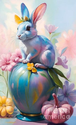 Experience the joy of 'Springtime Whimsy: Painted Blue Bunny Delight,' an artwork capturing the essence of Easter and the renewal of spring. This friendly and professionally painted blue bunny is surrounded by vibrant colors, evoking warmth and whimsy. Embrace the spirit of the season with this heartwarming artwork, sure to bring a smile to all who behold it.