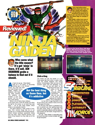 Review for Ninja Gaiden on Game Gear from Sega Force 1 - January 1992 (UK)

score: 71%