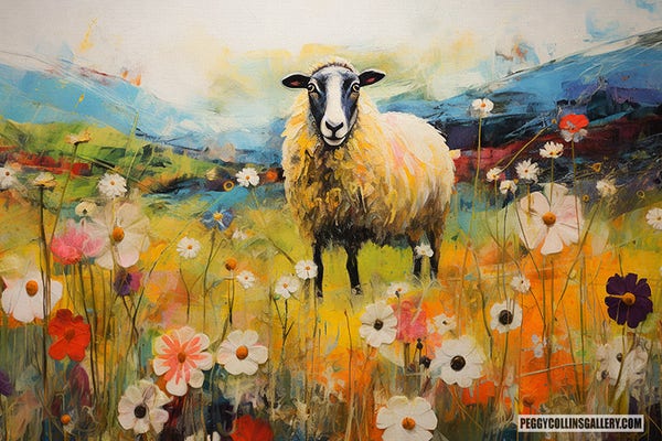 Artwork of a sheep standing in a meadow of flowers and long grasses, by artist Peggy Collins.