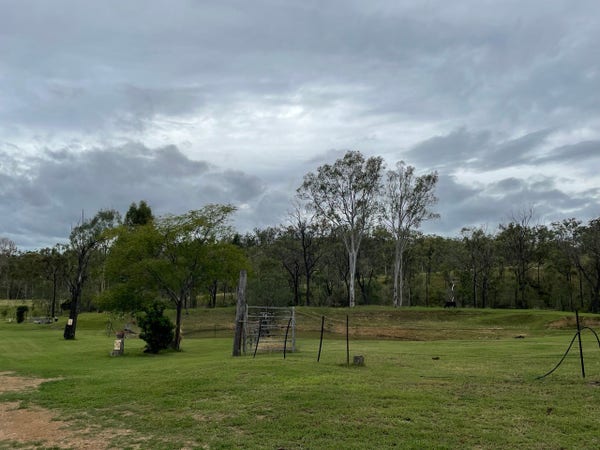 Slightly overcast sky over a green field around a dam, some fences and trees in the background. A black cow can be seen grazing. 