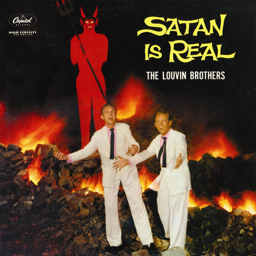 Old record cover by The Louvin Brothers, showing the brothers with a childishy drawn picture of Satan behind them.
