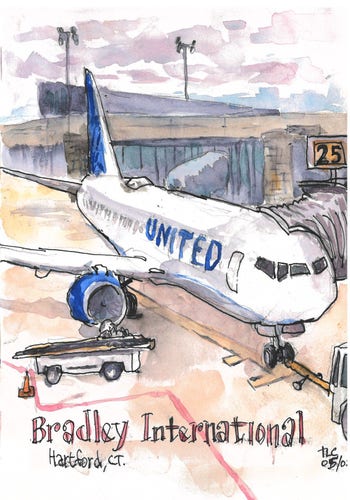 United Airlines jet at gate 25 of Bradley International Airport in Hartford, CT.