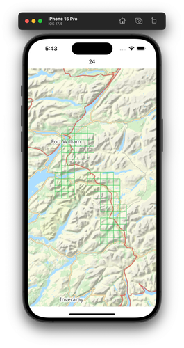 A screenshot showing a map with a series of boxes overlaid on it representing groups of offline map tiles.