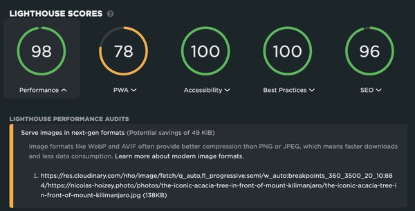 screenshot of Lighthouse score in SpeedCurve, with a recommendation to use modern image formats