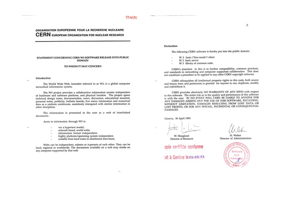 Two scanned pages of a "statement concerning CERN W3 software releasing into public domain".