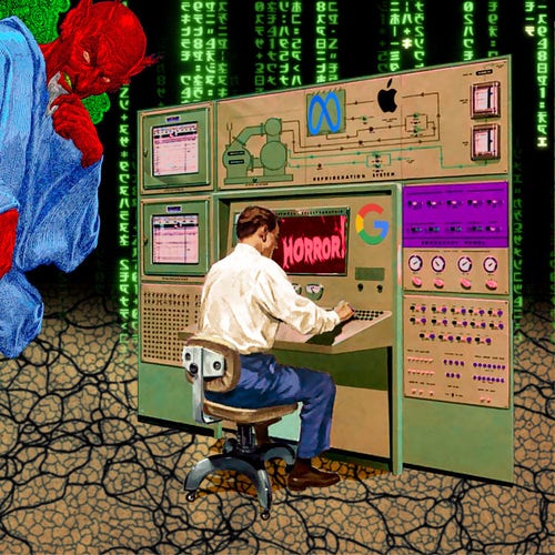 A man working at an old-fashioned  control panel covered in dials and buttons. The screen in front of him reads HORROR! in old-fashioned, dripping horror-movie letters. The control panel has the logos of Google, Apple and Meta. To his left sits an enthroned demon, sneering at the viewer. The background is a code waterfall effect as seen in the credit sequences of the Wachowskis' 'Matrix' movies.