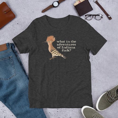 A photograph of a t-shirt featuring a painting of a bird next to the words "what in the adventures of Indiana fuck?