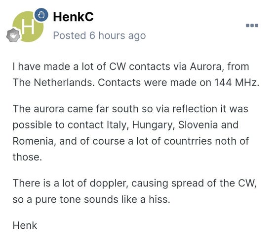 Description from spaceweatherlive of contacts made by bouncing signals over auroras