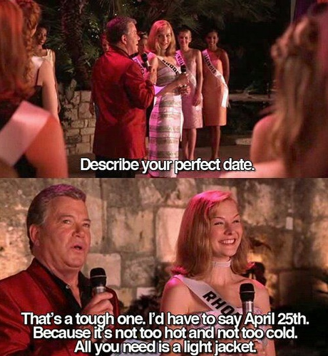 Vertically stacked screenshots from Miss Congeniality. The upper image shows a man speaking to Miss Rhode Island at a beauty pageant surrounded by other women wearing sashes. Subtitles read, "Describe your perfect date." The lower image zooms in to Miss Rhode Island talking with subtitles reading, "That's a tough one. I'd have to choose April 25th. Because it's not too hot and not too cold. All you need is a light jacket."