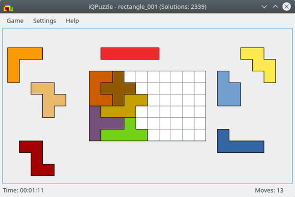 🕶️ A view of its UI with on the main part, the set of pentominos to arrange on the grid, in the upper part, the game menus (Game, Settings, Help), and at the bottom, the game time and the number of moves made.

📚️ iQPuzzle is a libre and multi-platform pentamino-based puzzle, whose objective is to fill the board with the pieces provided (the player must determine in which order to assemble them). The game offers 300 different board shapes, to be filled with pentominoes (those pieces formed by assembling squares).