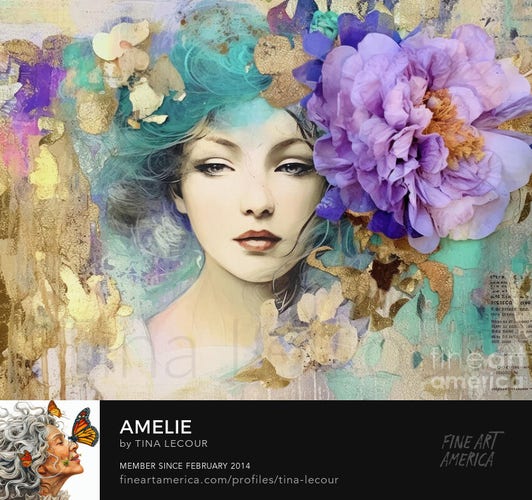 This is a portrait of a beautiful European woman named Amelie with blue hair and a big peony flower in her hair. 
