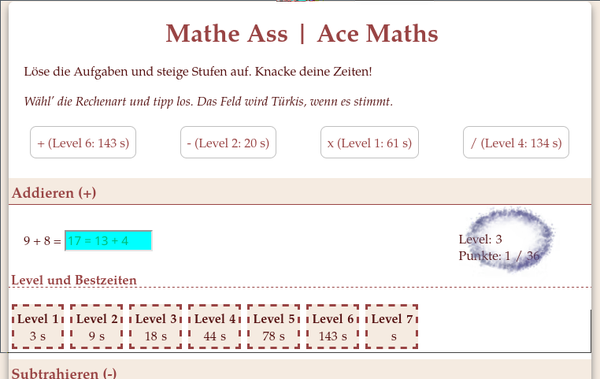 Screenshot of the Ace Maths website at the moment when level 3 of addition is unlocked.