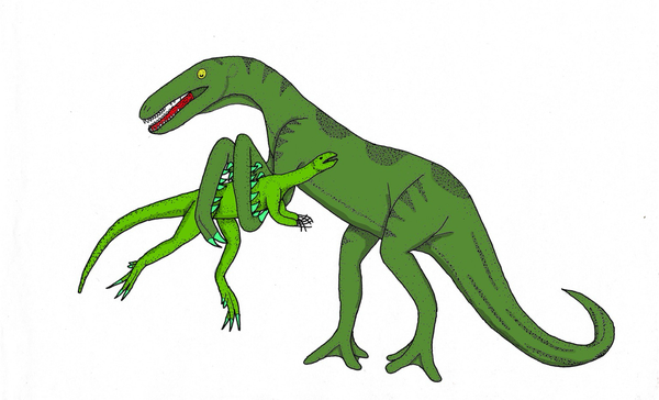 A dinosaur-like creature with mantis-arms grabbing up a smaller reptile