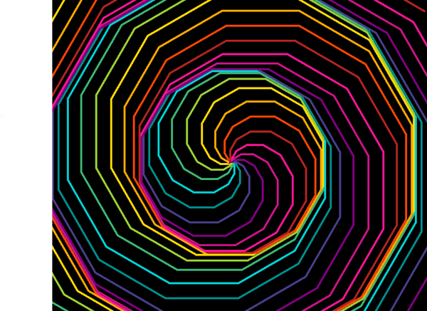 Zwölf leicht eckige Spiralen, die ineinander verdreht sind. Es wirkt sehr neonmäßig, weil es knallige Farben vor schwarzem Hintergrund sind. Die Farben ergeben eine Art Regenbogen.