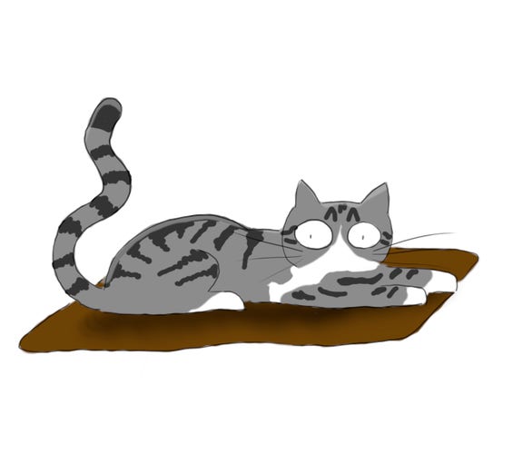 A cartoon of a silver tabby cat clinging to a doormat, as low as possible.