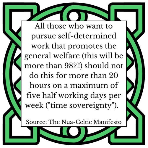All those who want to pursue self-determined work that promotes the general welfare (this will be more than 98%!) should not do this for more than 20 hours on a maximum of five half working days per week ("time sovereignty").     Source: The Nua-Celtic Manifesto