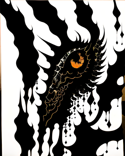 an abstract design rendered in spiky black on white with an element traced in gold in the center giving a feel of a draconian eye
