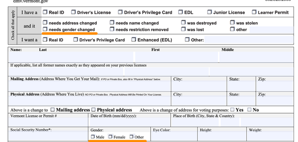 a screenshot of the PDF form for updating & renewing your license. It includes gender stuff alongside all the normal things like name and address.