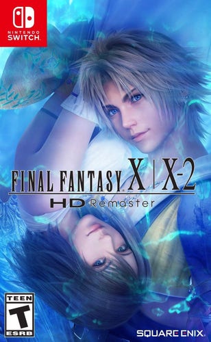 Cover art for the video game "Final Fantasy X/X-2 HD Remaster" featuring two animated characters, with a male character in the foreground and a female character's upside-down reflection, for the Nintendo Switch. The image includes ESRB rating