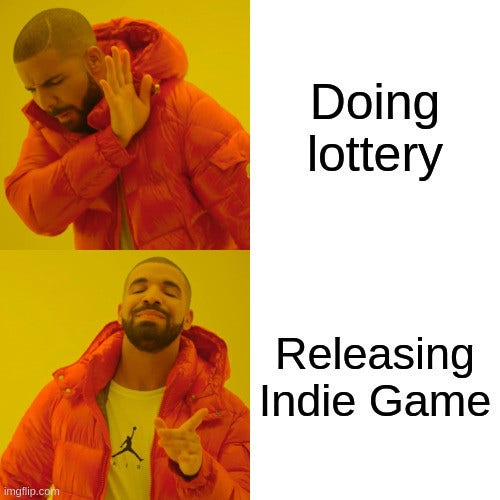 Drake meme where upper text is "Doing lottery" and lower text is "Releasing Indie Game".
