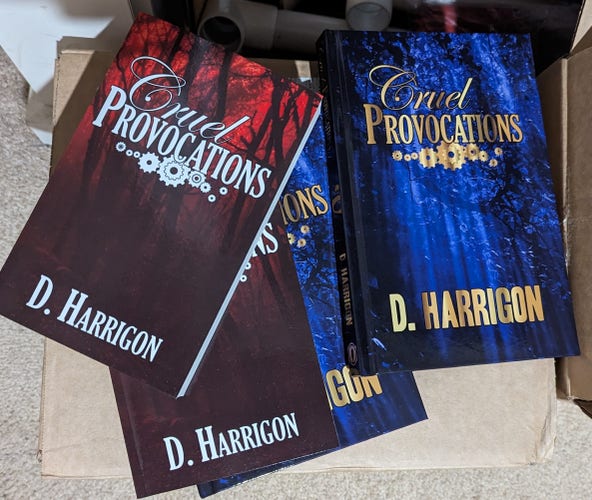 The red and blue cover variations for Cruel Provocations both show forests at night, reflecting the rural, dark theme of the novel.