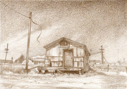 Drawing made with light brown Prismacolor pencil on paper: a small train depot is shown, in a desert landscape. It sits on a low wooden foundation, and seems deserted. The pole next to the building has a wire attached to it, but the end is flying in the wind--no phone service here. The ground shows where the tracks used to run, and the sky looks a bit overcast or stormy. It's a quiet scene.