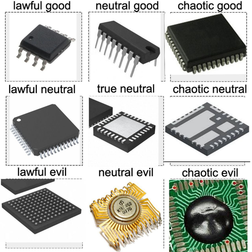 Lawful good: TSSOP chip
Neutral good: Dual in-line package
Chaotic good: Leadless chip
Lawful neutral: QFP package chip
True neutral: ADF4355-3BCPZ analog device, LFCSP package
Chaotic neutral: FAN65008B-GEVB PWM controller, PQFN package
Lawful evil: Ball grid array on the bottom of a chip
Neutral evil: Soviet spider microcontroller К1ЖГ 452
Chaotic evil: Chip on board