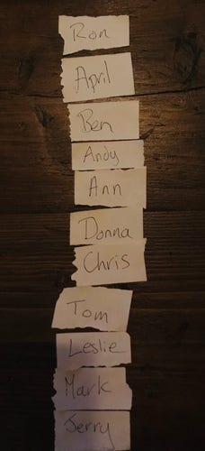 Paper with names written (in order) - Ron, April, Ben, Andy, Ann, Donna, Christ, Tom, Leslie, Mark, Jerry