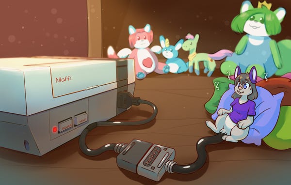 Drawing of Maffi using her tail, which is an SNES connector, with an SNES to NES converted, allowing her to use it on an NES instead. There are several plushies in the background