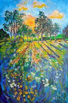 Rather abstract painting of a yellow fielld with touches of green and blue in it, and severalsmall white anf yellow flowers in the foreground. On the horizon are several green and blue coloured trees. The sky is blue with orange clouds. 
