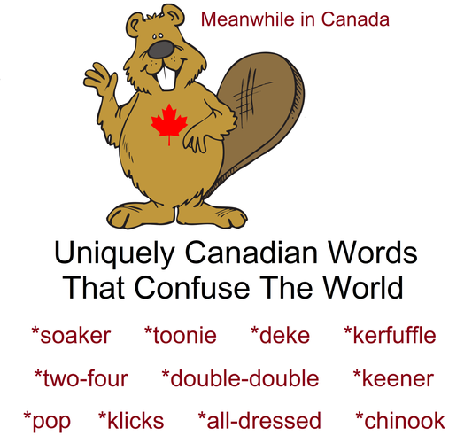 Uniquely Canadian words that confuse the word:
soaker, toonie, deke, kerfuffle, two-four, double-double, keener, pop, klicks, all-dressed, chinook