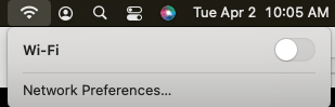 Apple's MacOS status bar showing WiFi with a strong signal, while the detail drop down from it shows WiFi is turned off. 