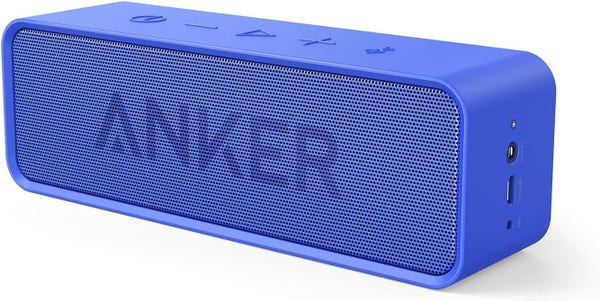 A rectangular speaker with various buttons on top, power and headphone connectors on the side, and the word ANKER written across the front.
