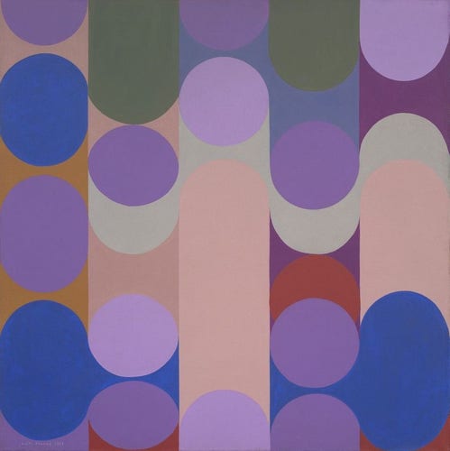 Abstract painting made up of circles and vertical lines in a palette of purple, blue, maroon, and pink