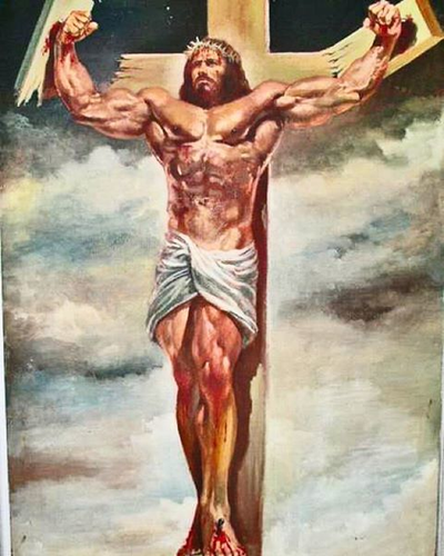 A painting of a body-builder-ripped Jesus, his massive arms breaking through the boards of the cross he’s nailed to.