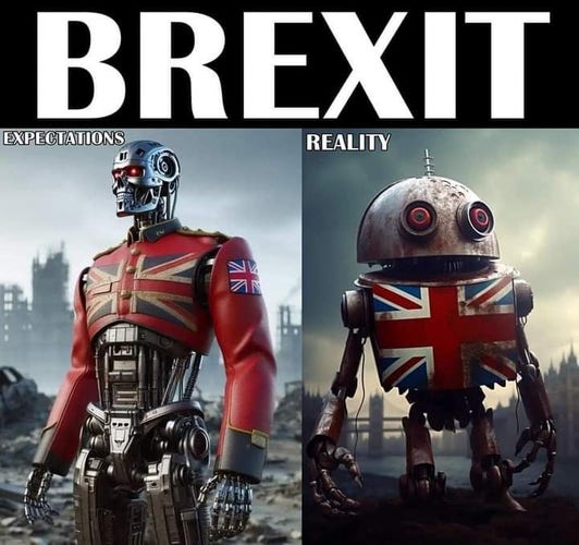 Title: Brexit - on the left above a picture of a confident looking terminator style robot is the word expectations. On the right is a somewhat frail looking robot with the word reality. 