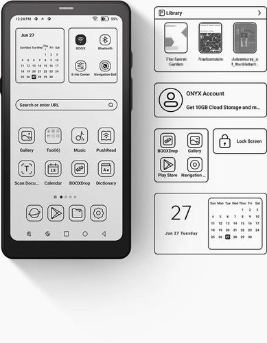 A BOOX Palma, a cell-phone-sized eInk device running Android OS. The icons are all very crisp line drawings and there are a bunch of widgets.