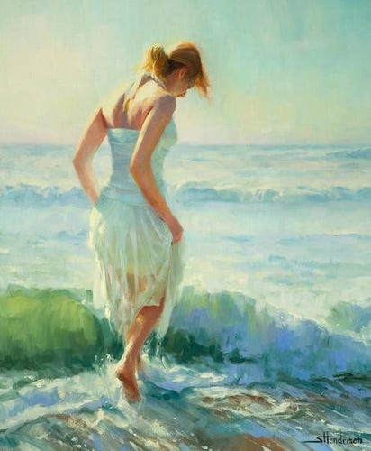 Art print of an original oil painting depicting a young woman in a sundress wading through the ocean surf.