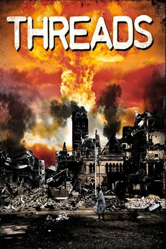 The cover for the Threads video - a nuclear mushroom cloud over the ruins of London.