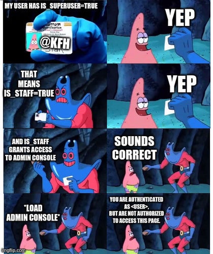 Meme: Patrick - not my wallet

First let panel: My user has is_superuser=True

First right panel: yep

Second left panel: That means is_staff=True

Second right panel: yep

Third left panel: and is_staff grants access to admin console

Third right panel: sounds correct

Fourth left panel: *load admin console*

Fourth right panel: You are authenticated as <user>, but are not authorized to access this page.